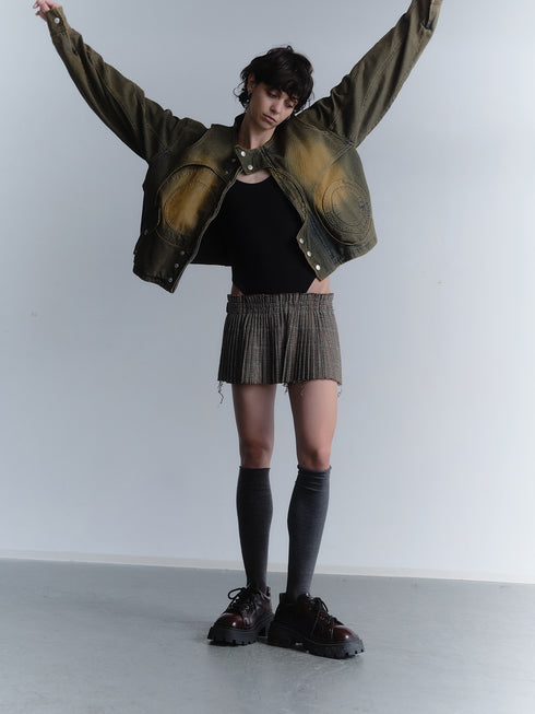 CIRCLE CUT-OUT DENIM JACKET -RUSTED BROWN-